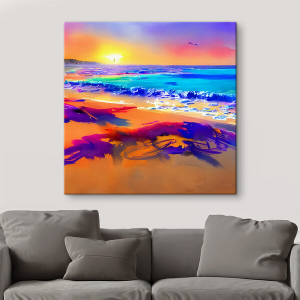 Een kleurrijk strand met golven en een zonsondergang Een kleurrijk strand met golven en een zonsondergang