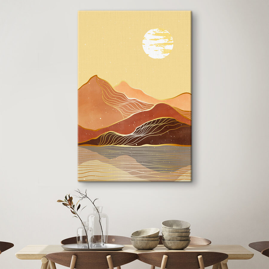 Een schilderij van een bergketen Een schilderij van een bergketen