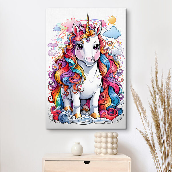 Een cartoon eenhoorn met regenboog haar Een cartoon eenhoorn met regenboog haar