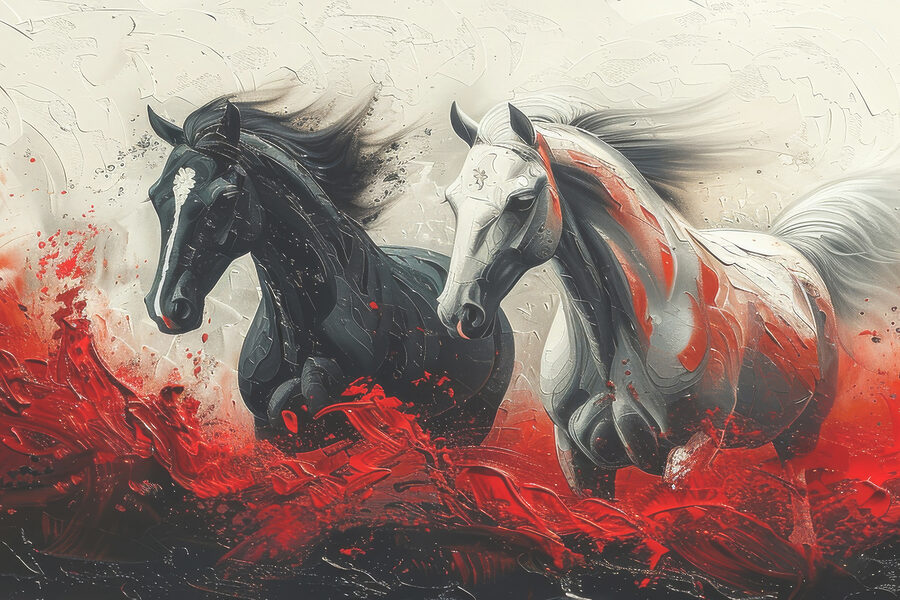 Een schilderij van rennende paarden met rode verf Een schilderij van rennende paarden met rode verf