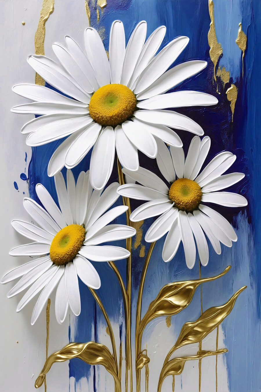 Madeliefjes bloeien op een blauw canvas.