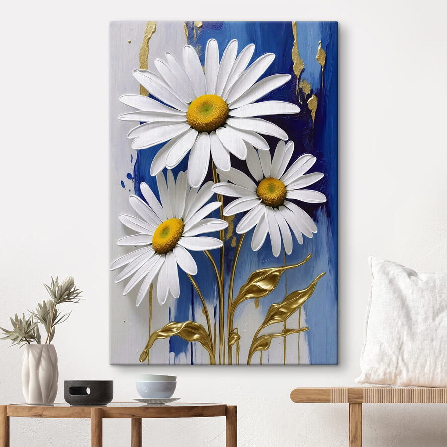 Madeliefjes bloeien op een blauw canvas.