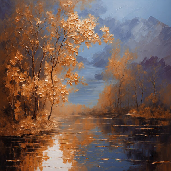 Een schilderij van bomen en water Een schilderij van bomen en water