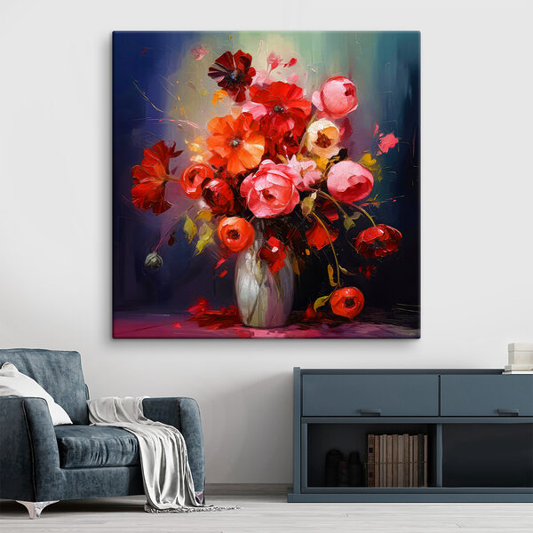 Een schilderij van bloemen in een vaas Een schilderij van bloemen in een vaas
