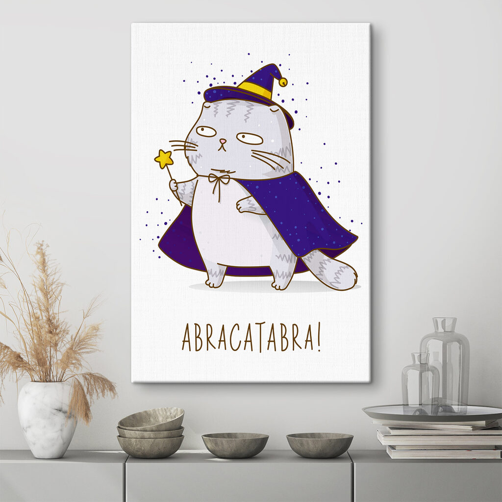 A cartoon of a cat wearing a wizard garment