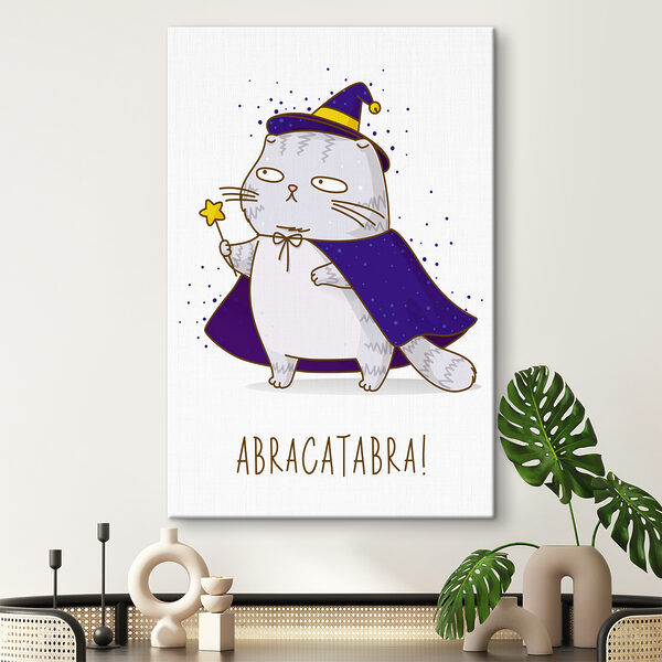 Een cartoon van een kat die een tovenaarskleed draagt Een cartoon van een kat die een tovenaarskleed draagt