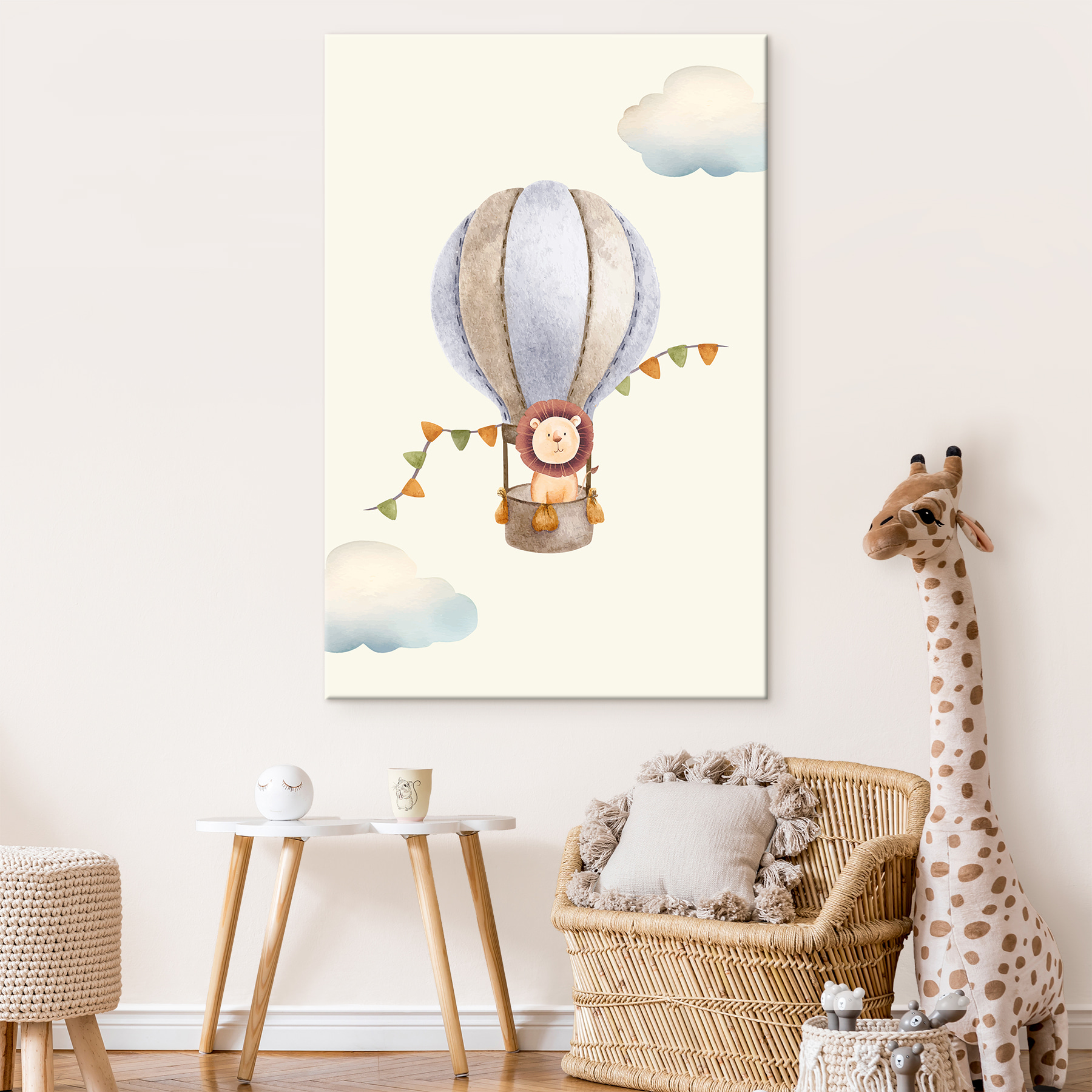 A lion in a hot air balloon