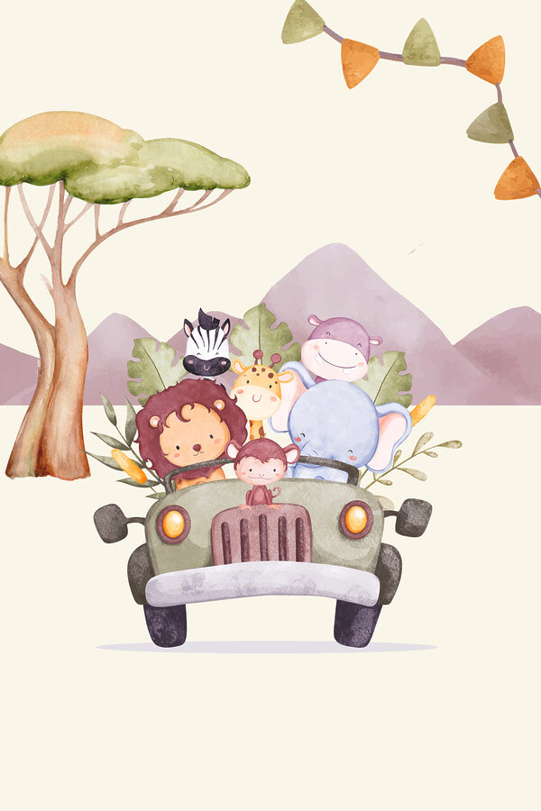 A cartoon of animals in a car