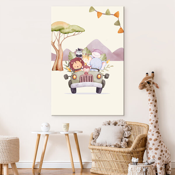 A cartoon of animals in a car