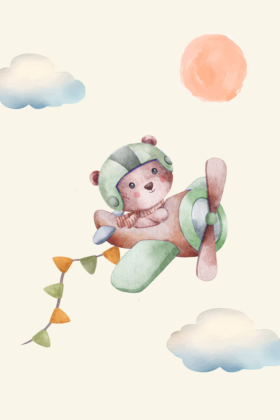 Een aquarelschilderij van een teddybeer in een vliegtuig