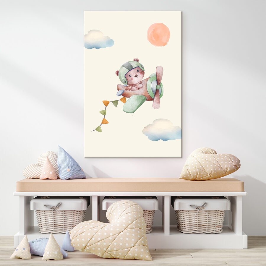 Een aquarelschilderij van een teddybeer in een vliegtuig