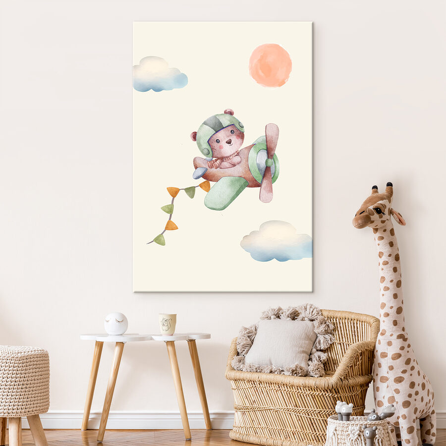 Een aquarelschilderij van een teddybeer in een vliegtuig