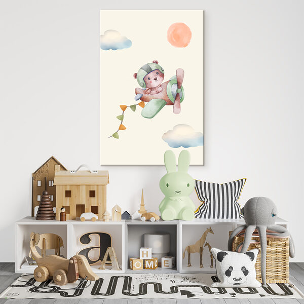 Een aquarelschilderij van een teddybeer in een vliegtuig Een aquarelschilderij van een teddybeer in een vliegtuig