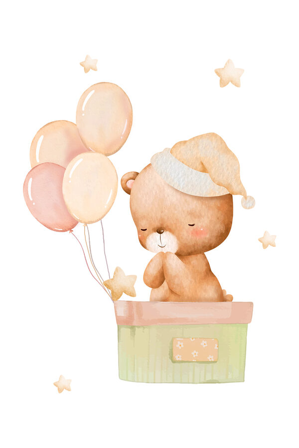 Een teddybeer in een doos met ballonnen Een teddybeer in een doos met ballonnen