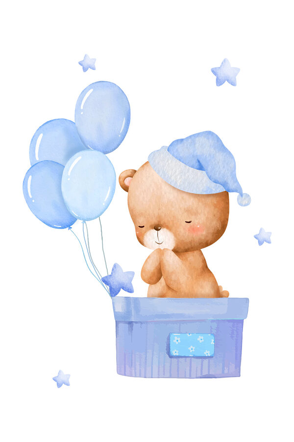 Een teddybeer in een doos met ballonnen Een teddybeer in een doos met ballonnen