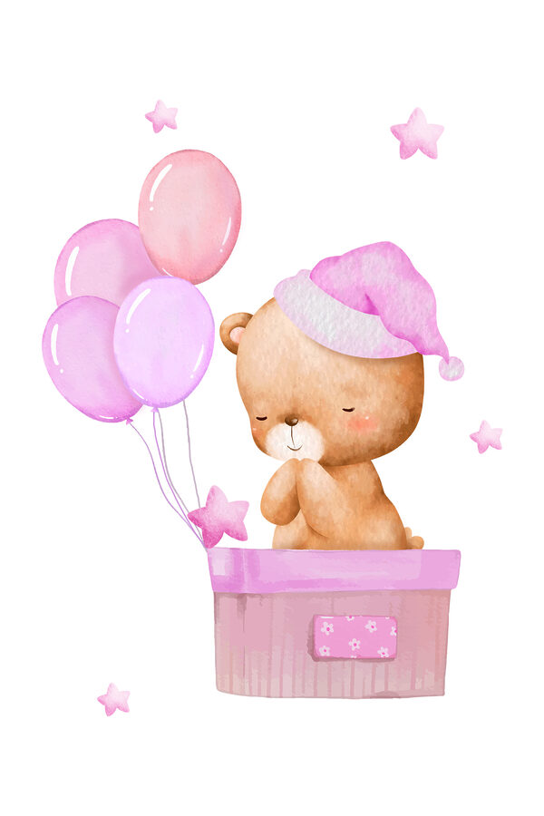 Een teddybeer in een mand met ballonnen Een teddybeer in een mand met ballonnen