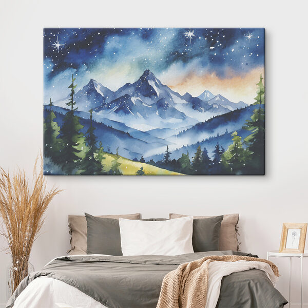 Aquarel van een bergketen en sterren aan de hemel Aquarel van een bergketen en sterren aan de hemel