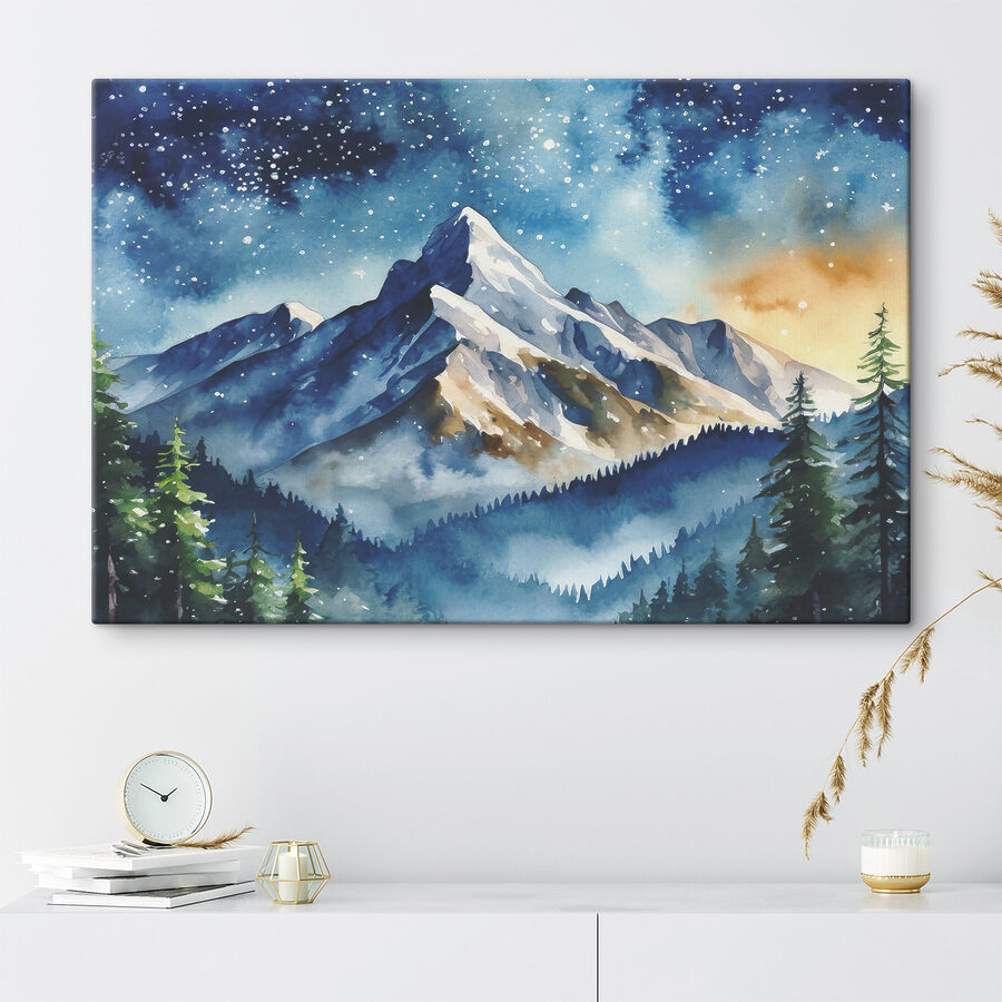 Een aquarelschilderij van een bergketen