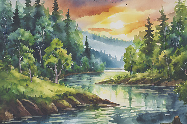 Aquarel van een rivier met bomen en bergen op de achtergrond Aquarel van een rivier met bomen en bergen op de achtergrond