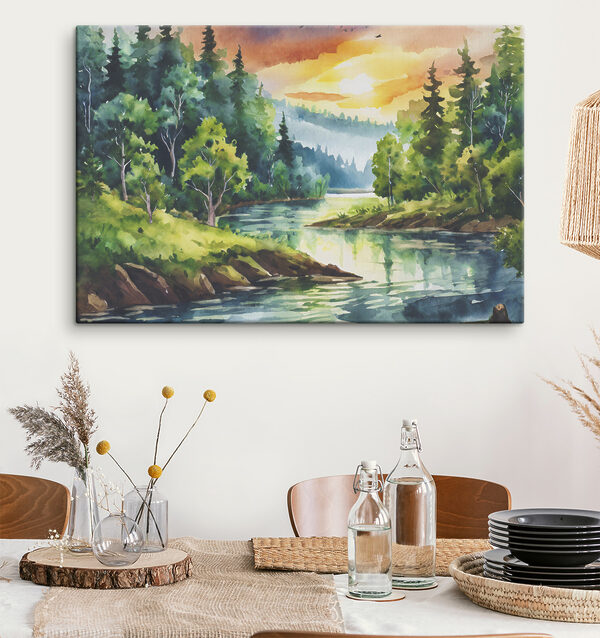 Aquarel van een rivier met bomen en bergen op de achtergrond Aquarel van een rivier met bomen en bergen op de achtergrond