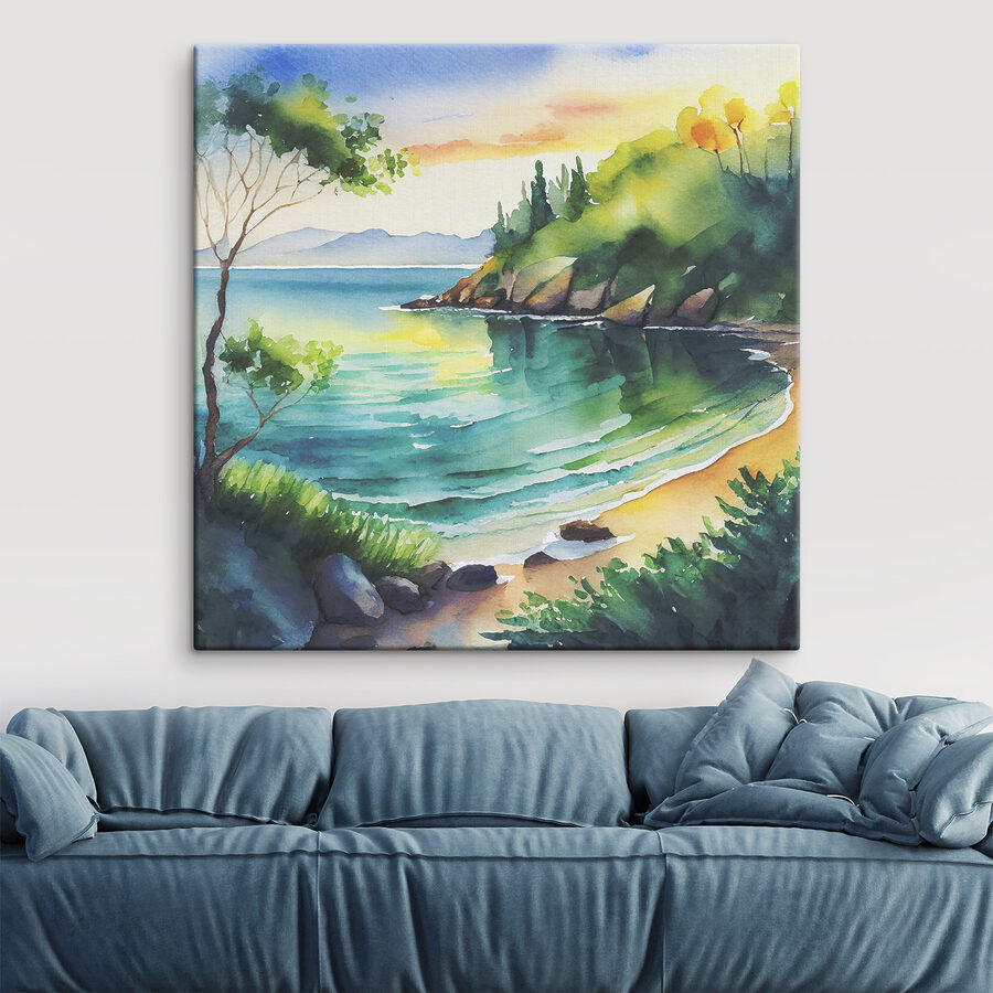 Aquarel van een strand en bomen