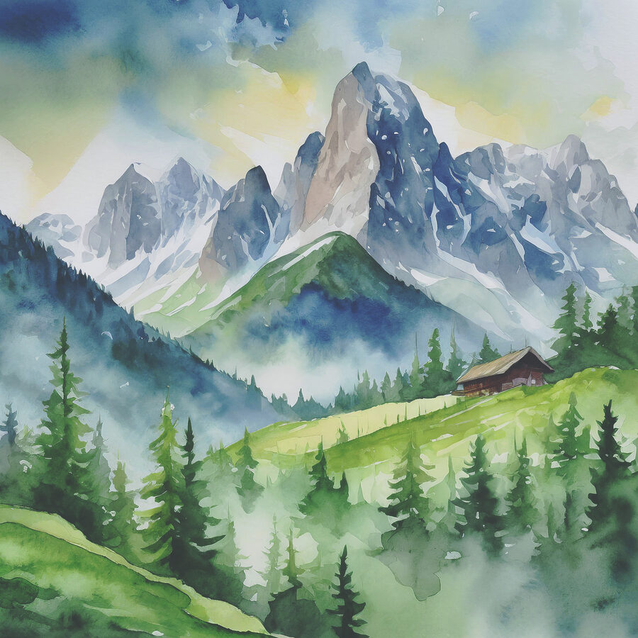 Een aquarelschilderij van een huis op een heuvel met bomen en bergen