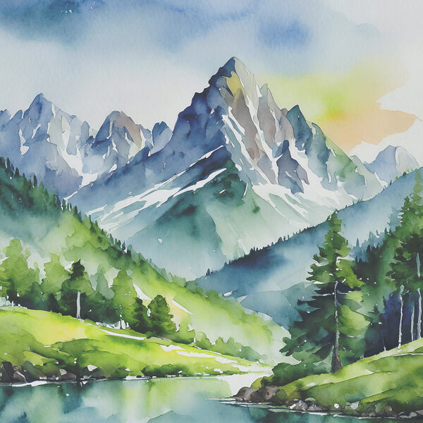 Aquarel van een bergrivier en bomen Aquarel van een bergrivier en bomen