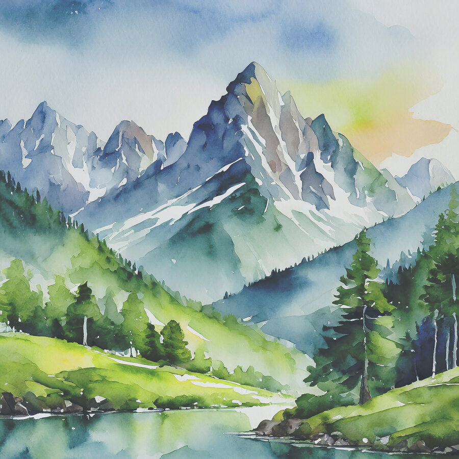 Aquarel van een bergrivier en bomen Aquarel van een bergrivier en bomen