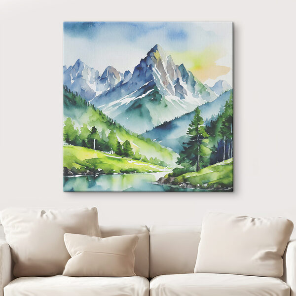 Aquarel van een bergrivier en bomen Aquarel van een bergrivier en bomen