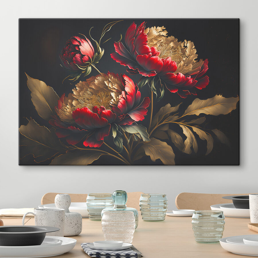 Een schilderij van bloemen op een zwarte achtergrond