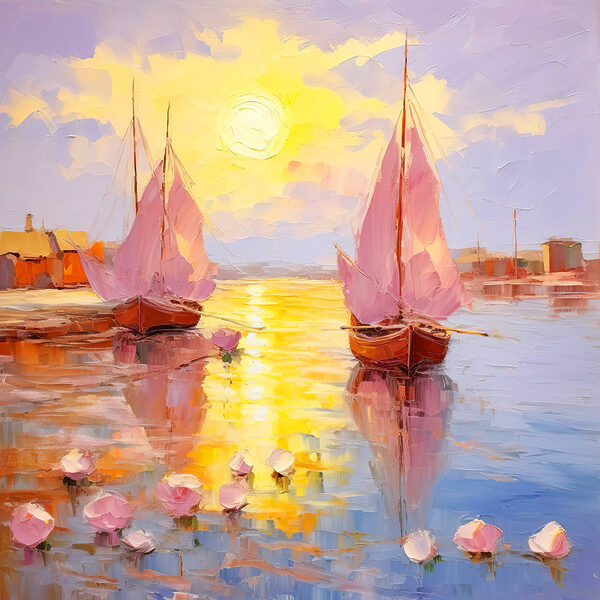 Een schilderij van boten op het water Een schilderij van boten op het water