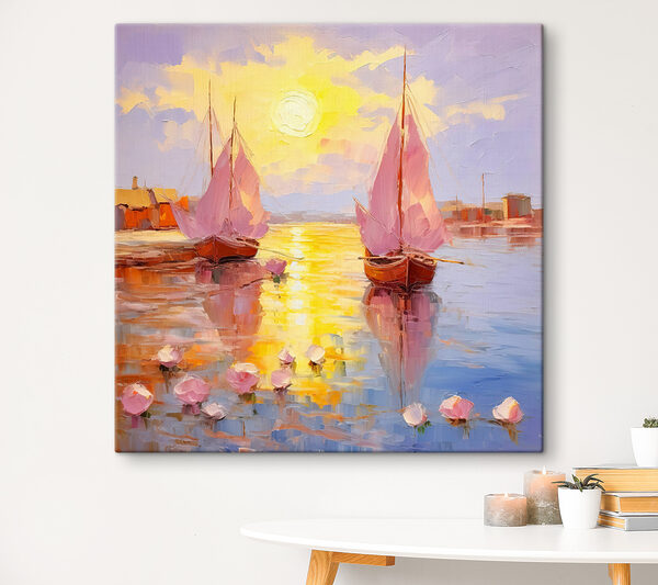 Een schilderij van boten op het water Een schilderij van boten op het water