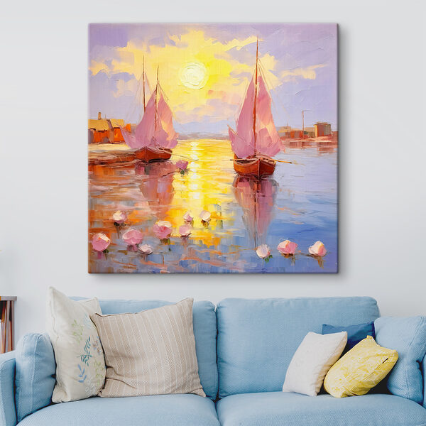 Een schilderij van boten op het water Een schilderij van boten op het water