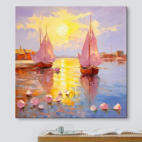 Een schilderij van boten op het water Een schilderij van boten op het water
