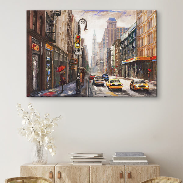 Een aquarel van een stadsstraat met auto's en mensen Een aquarel van een stadsstraat met auto's en mensen