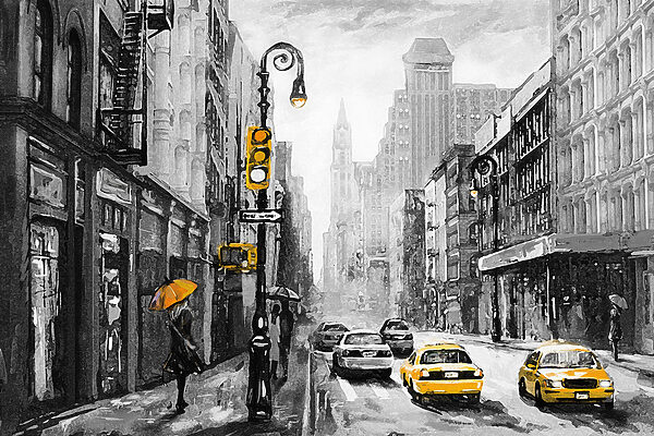 A woman walking down a street with yellow cars and a woman holding an umbrella A woman walking down a street with yellow cars and a woman holding an umbrella