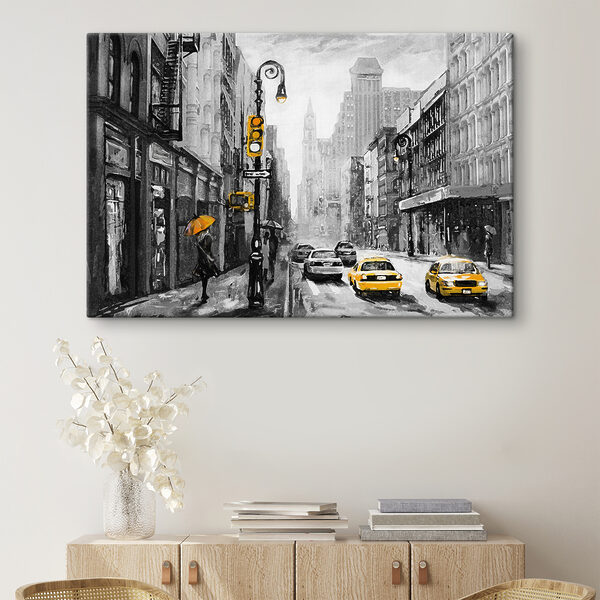 A woman walking down a street with yellow cars and a woman holding an umbrella A woman walking down a street with yellow cars and a woman holding an umbrella