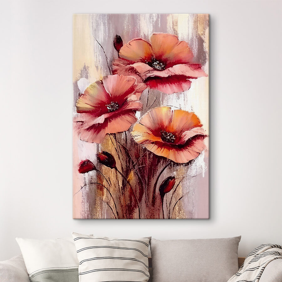 Een schilderij van bloemen op een witte achtergrond
