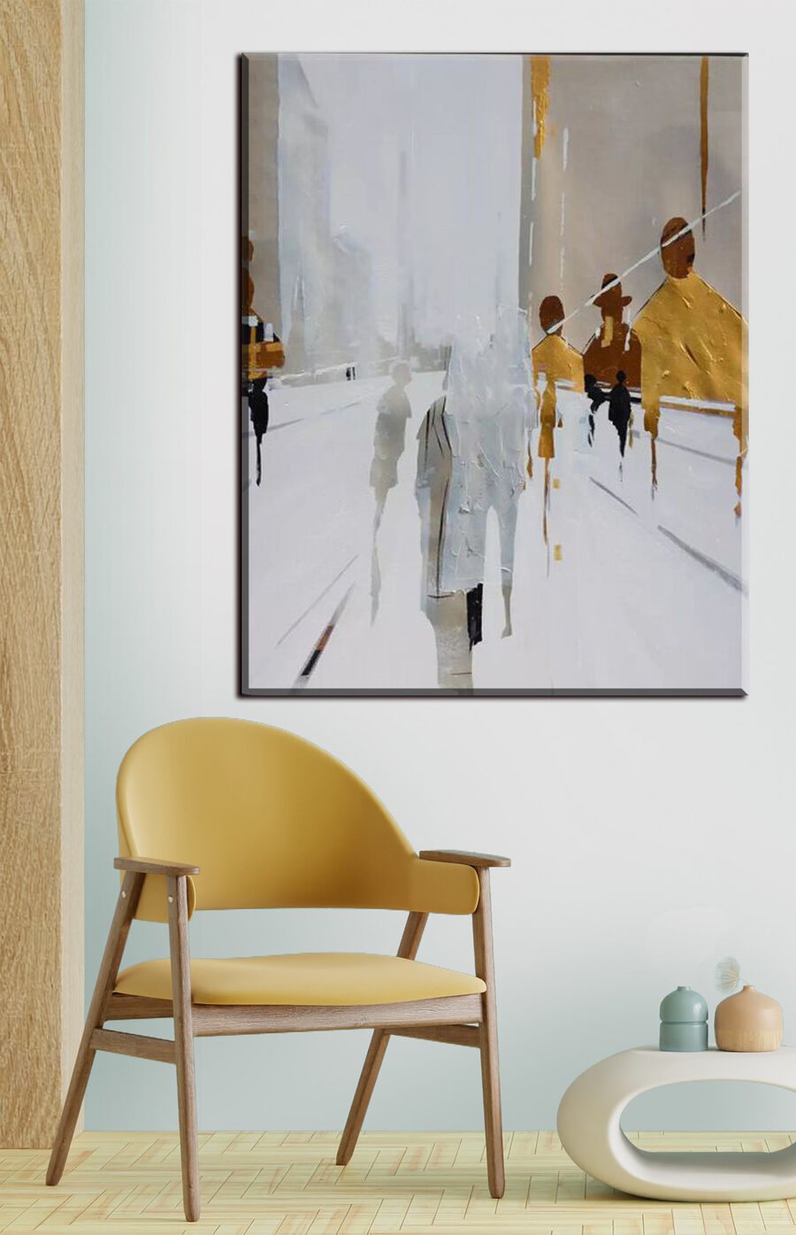 Een schilderij van mensen die op een besneeuwde straat lopen