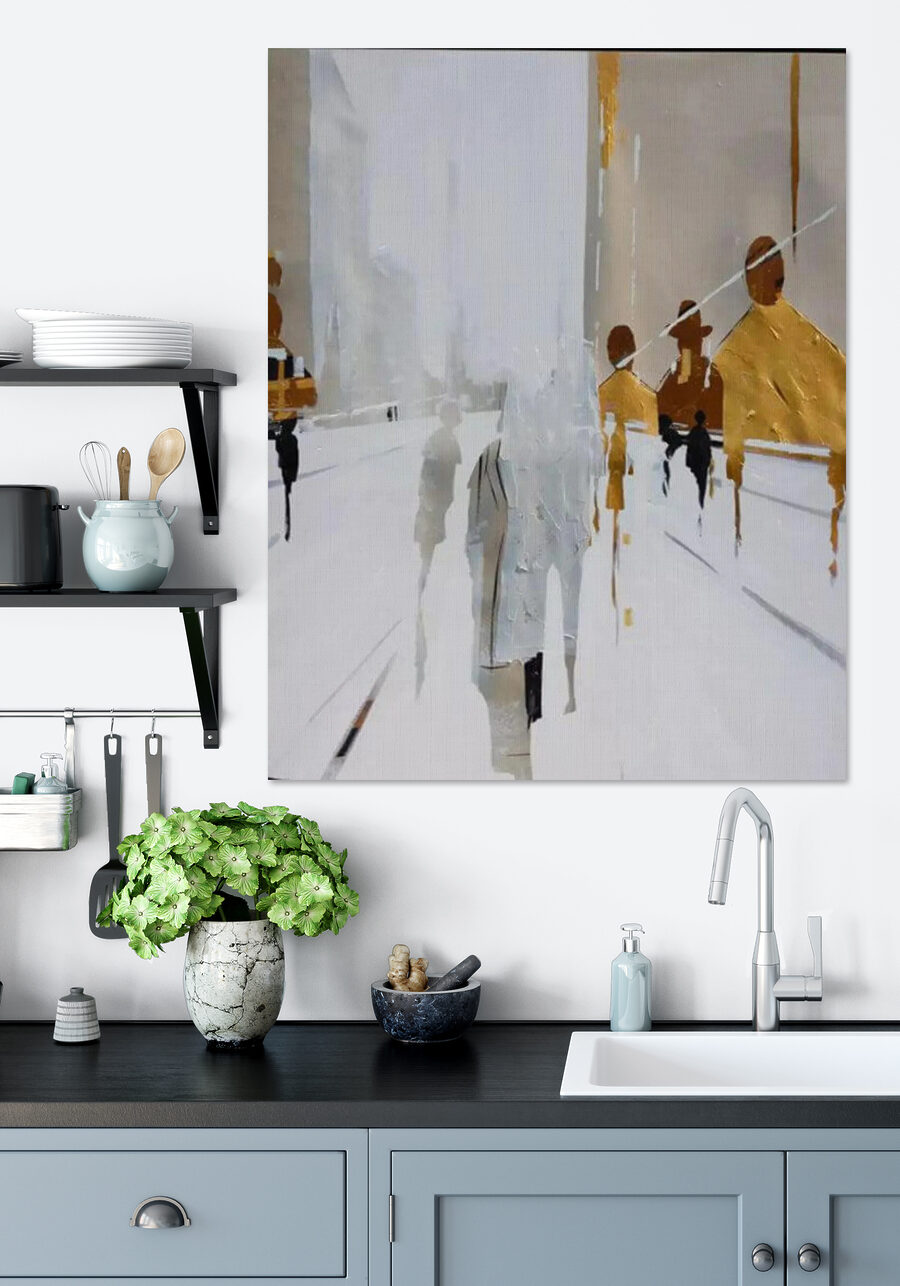 Een schilderij van mensen die op een besneeuwde straat lopen