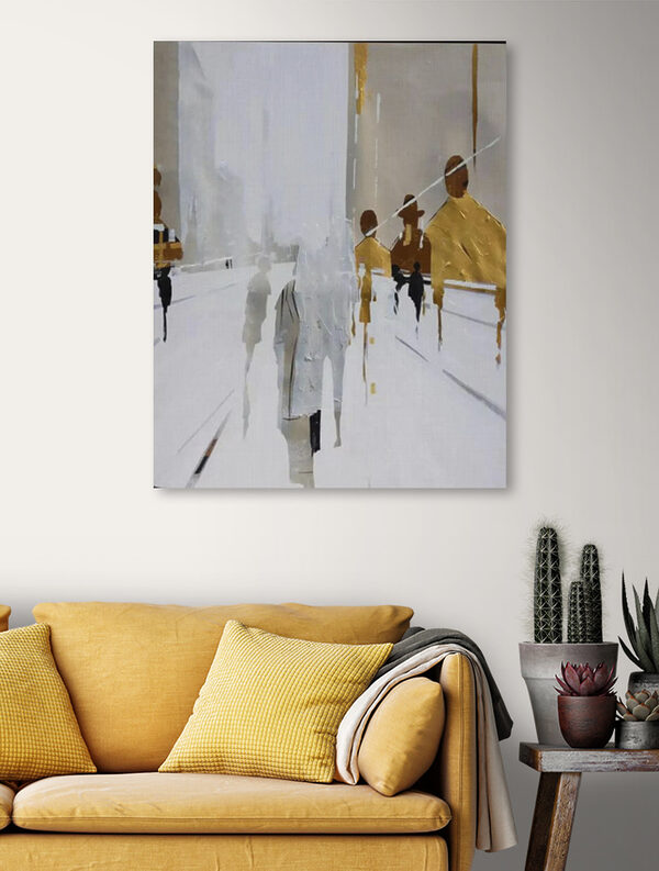 Een schilderij van mensen die op een besneeuwde straat lopen Een schilderij van mensen die op een besneeuwde straat lopen