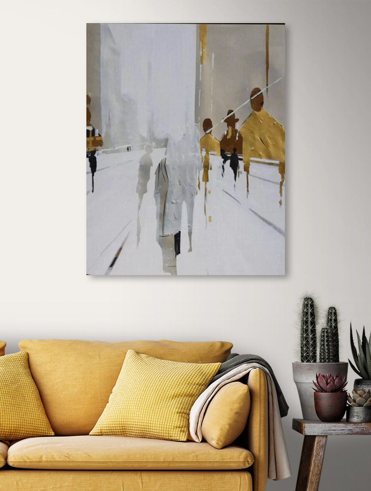 Een schilderij van mensen die op een besneeuwde straat lopen