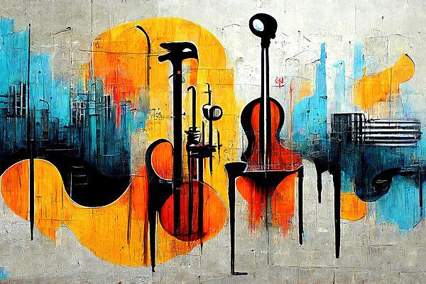 Een schilderij van gitaren en instrumenten Een schilderij van gitaren en instrumenten