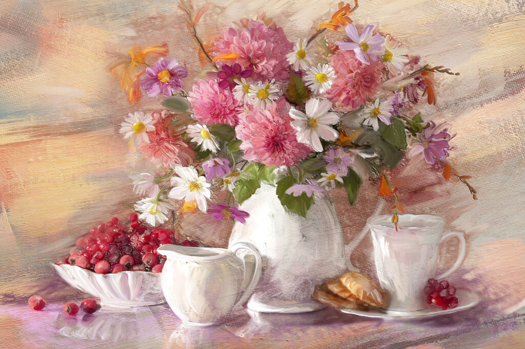 A painting of flowers in a vase and a bowl of croissants A painting of flowers in a vase and a bowl of croissants