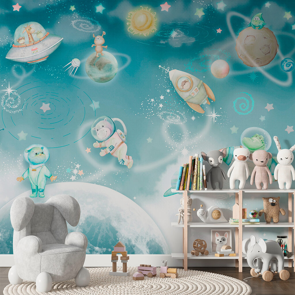 A cartoon space scene with planets and stars A cartoon space scene with planets and stars