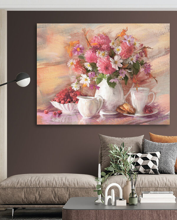 A painting of flowers in a vase and a bowl of croissants A painting of flowers in a vase and a bowl of croissants