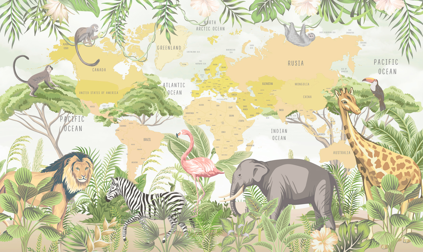 A map of the world with animals A map of the world with animals