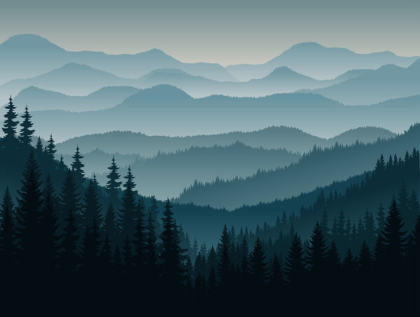 Een landschap van bergen met bomen Een landschap van bergen met bomen