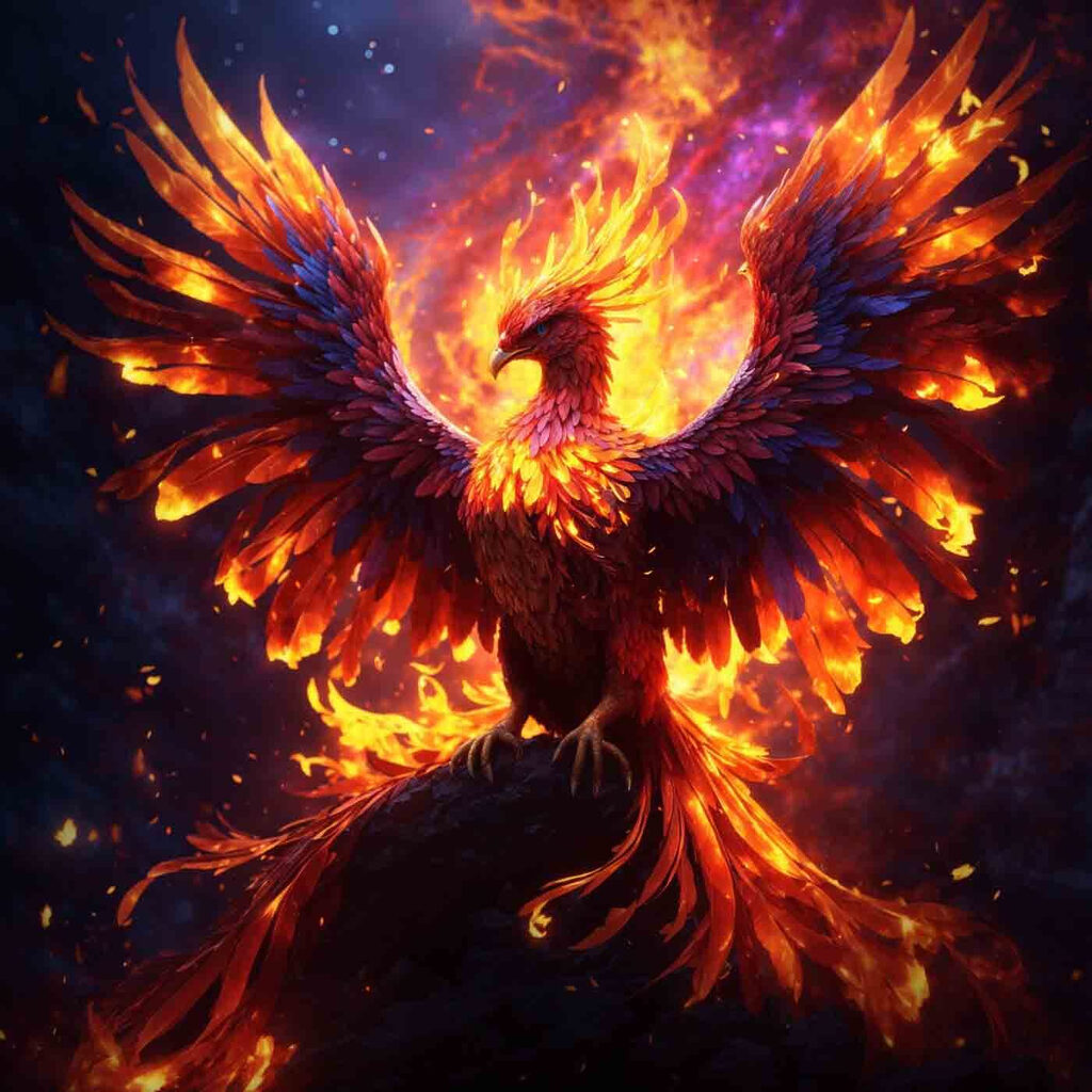 A bird with wings spread and flames in the background