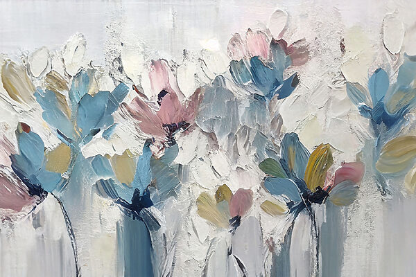 Een schilderij van bloemen op een wit oppervlak Een schilderij van bloemen op een wit oppervlak
